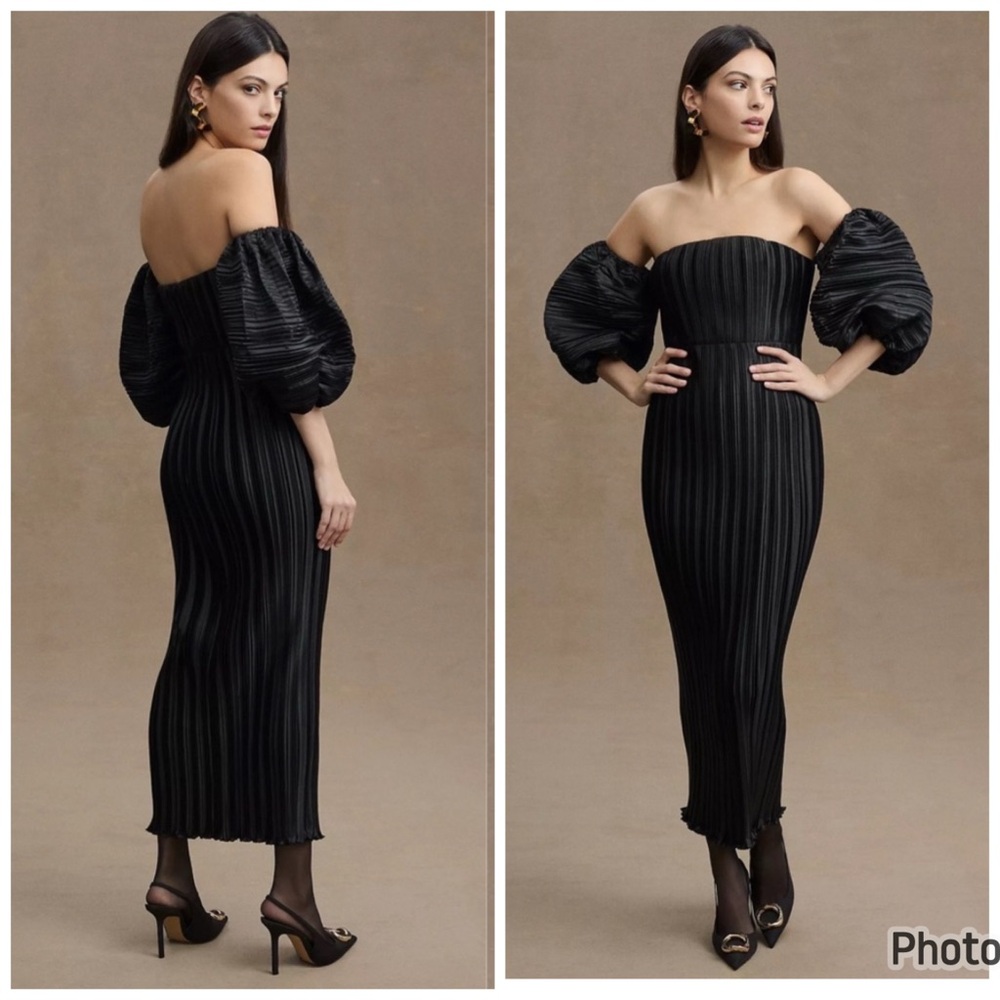 L'Idee‎ Sirene Plisse Puff Sleeve Maxi Dress Pleated Size 8 Black
